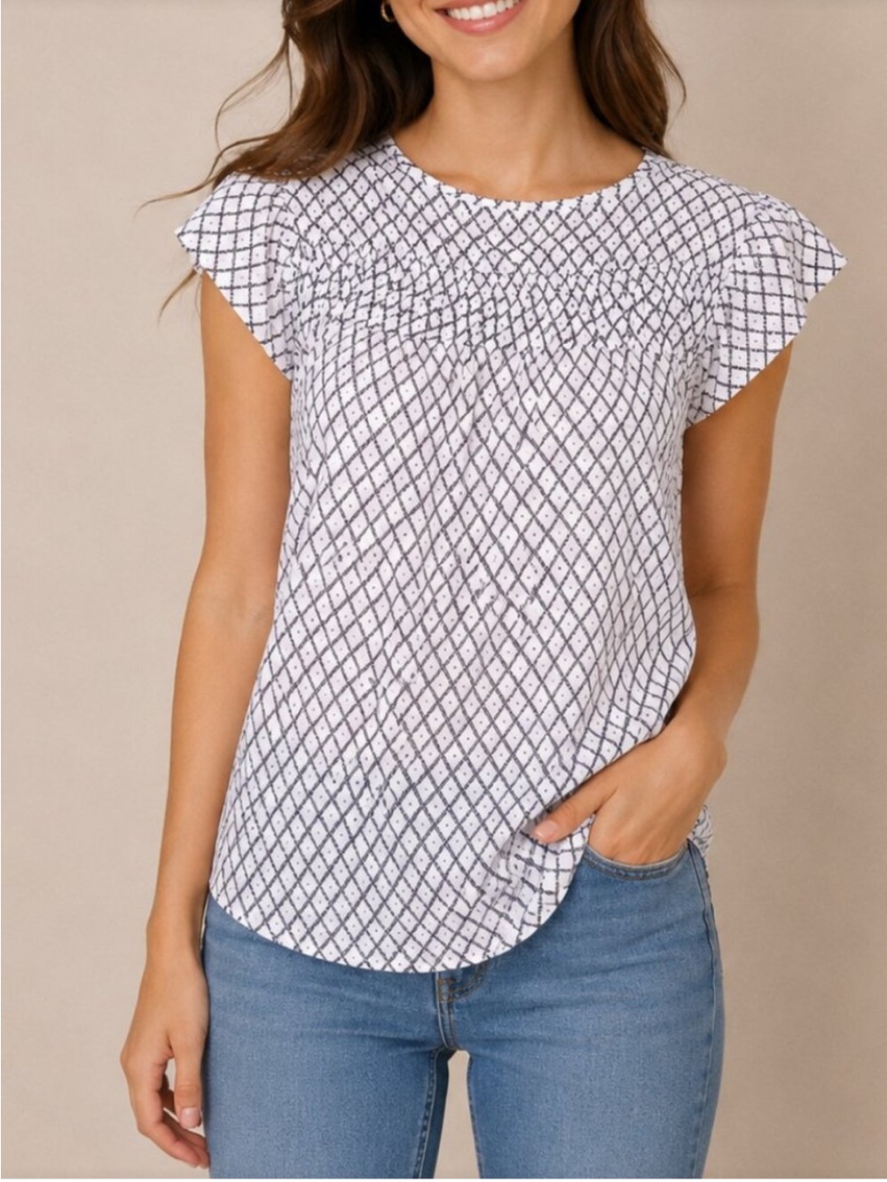 Loft Geometric Navy/Lavender Cap Sleeve Blouse. Size X-Large